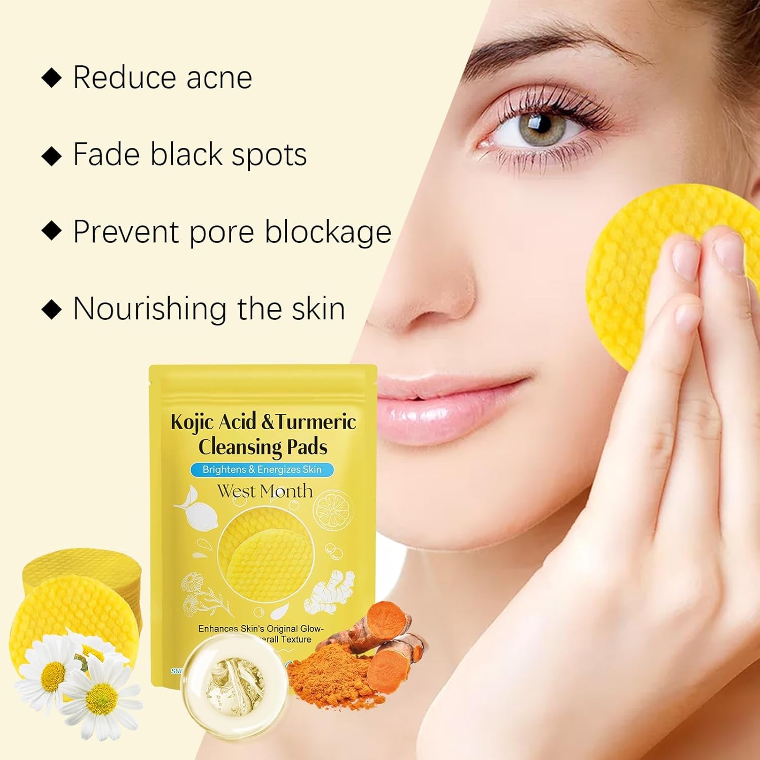 Kojic Acid & Turmeric Infused Foaming Exfoliating Pads - Cleansing Sponges for Dark Spots, 60 Pads