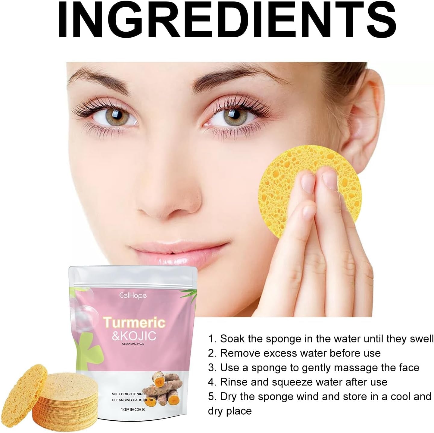 Turmeric Kojic Acid Cleansing Pads,Face Cleansing Pads,10Pcs Turmeric Exfoliating Foaming Pads,Exfoliating Face Pads,Resurfacing Pads for Face & Body,Facial Sponges for Cleansing,Acne Face Wipes